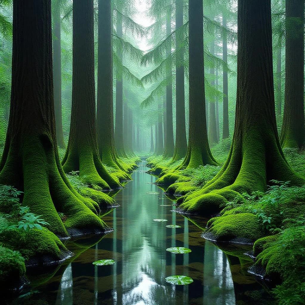 The forest is saturated green, trees identical in height and width, trunks straight, bark texture repeating. One trunk leans diagonally yet the branches remain vertical. The moss is emerald, glistening, though each patch forms identical diamond shapes. A stream runs straight, perfectly linear, water clear, reflecting clouds not visible in the sky. No animals, no insects, but one leaf floats on the water, doubled, showing two overlapping shadows.