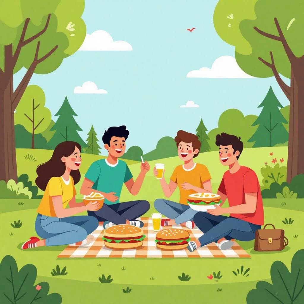 Flat vector picnic scene, friends laughing, oversized food icons, simple shapes.