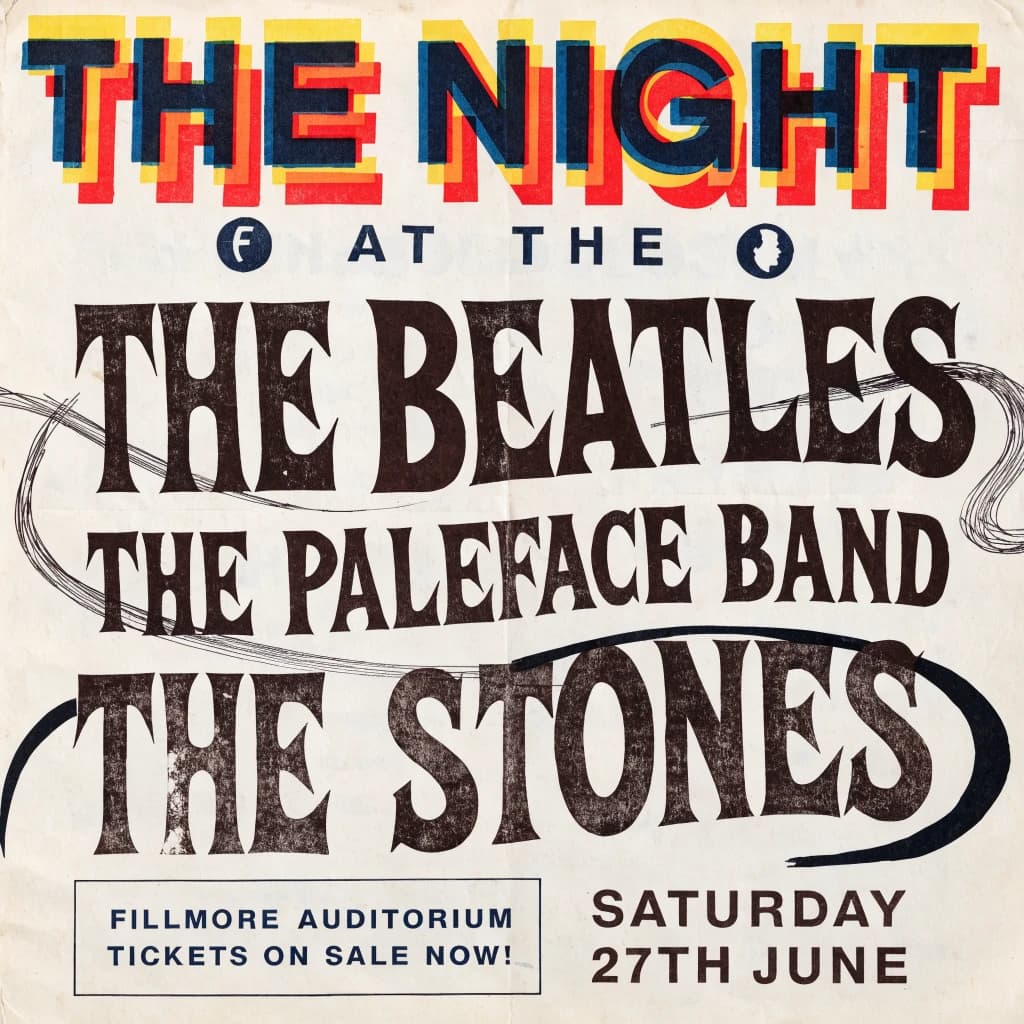 Make a 1960s concert poster featuring bold wood type, misaligned ink, creases.