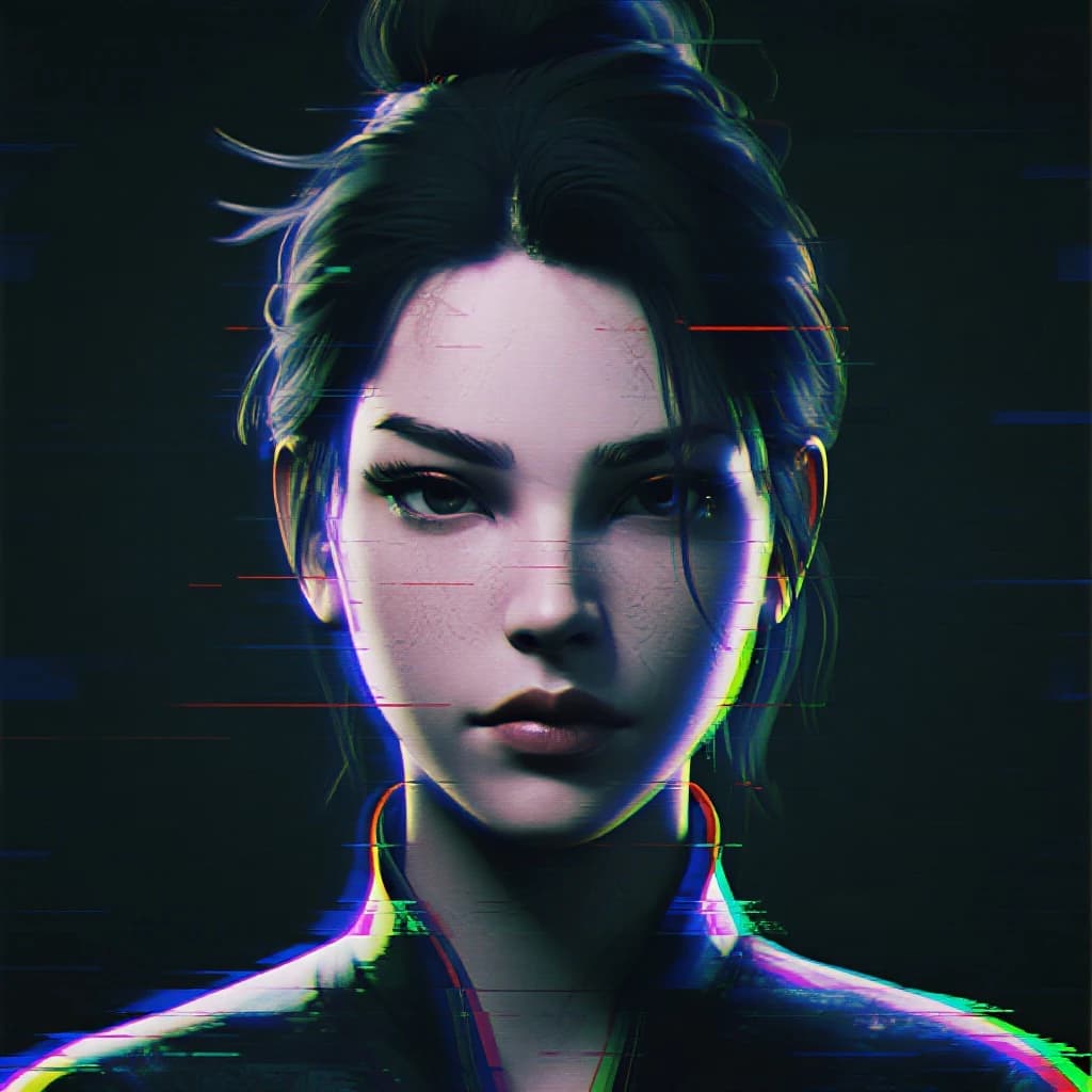 Render a stark 3D portrait of a stern woman, neon accents and vector overlays.