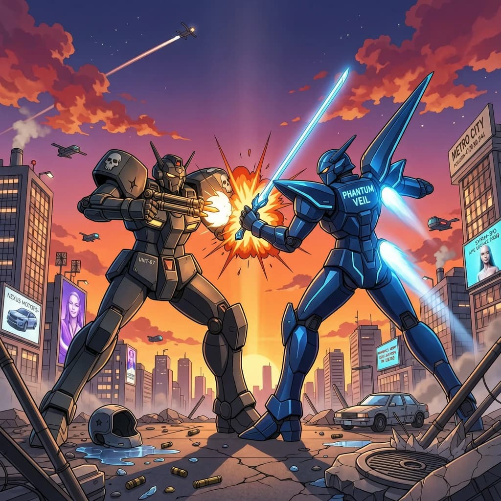 Make a cel-shaded mecha duel at dusk downtown.