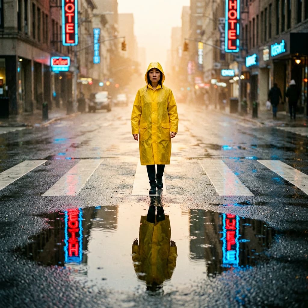 A sunlit city street after rain; puddles mirror neon signs as a woman in a yellow raincoat waits at a crosswalk, soft mist, 50mm look, natural tones, a bit of film grain.
