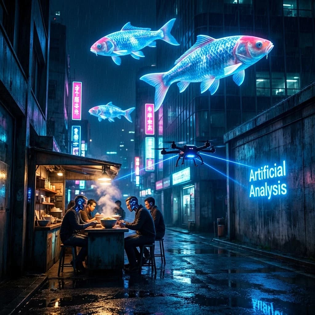A neon alley in Neo-Tokyo 2142 drips with rain Cybernetic patrons slurp ramen at a stall with their glowing implants humming with blue light. Three giant holographic koi hover 10 metres above the ground and swim across the skyline, one has clipped into a building. A six-prop drone hovers nearby, projecting "Artificial Analysis" onto a wall with blue laser beams visible