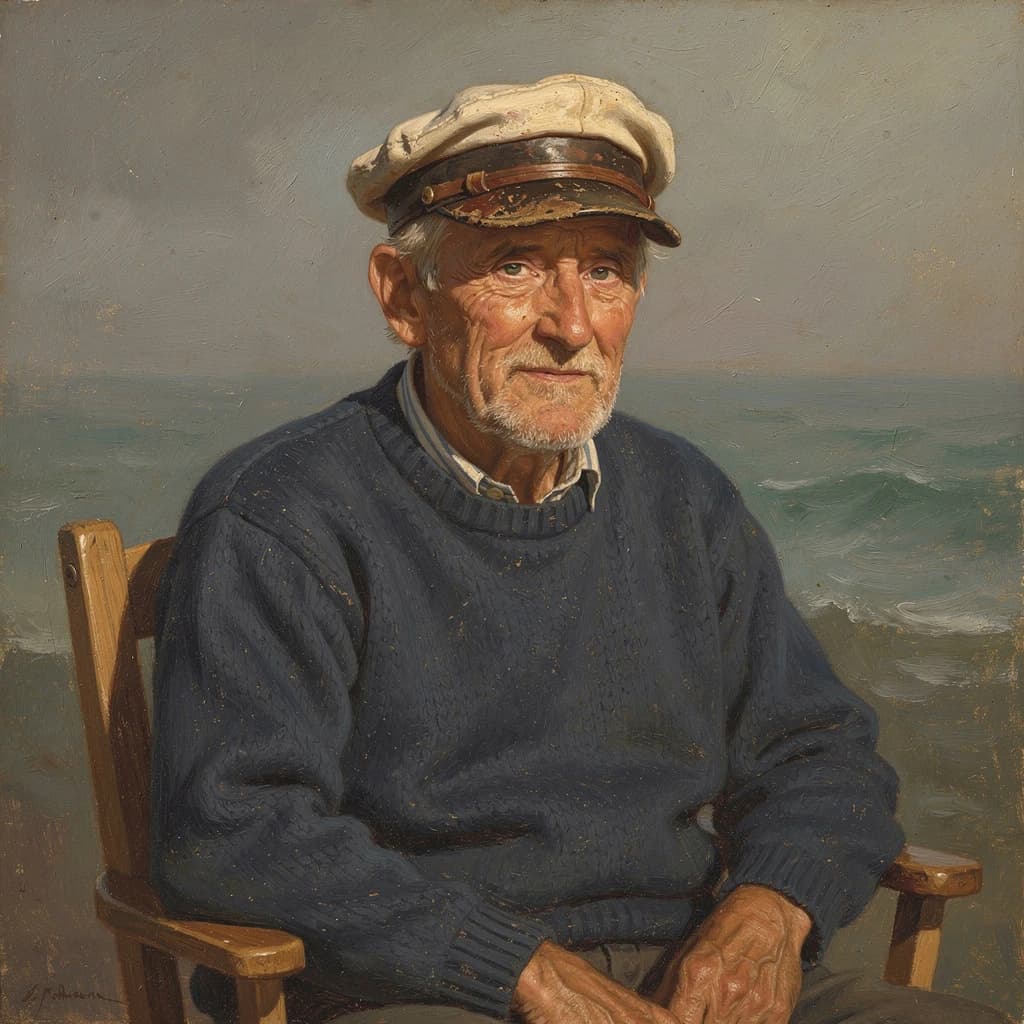Oil on canvas portrait of an elderly sailor, weathered face, soft light.