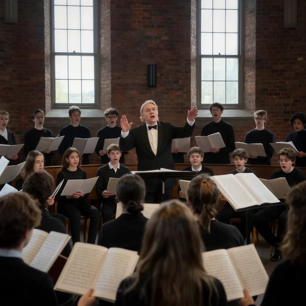A choir rehearses in a brick hall as somewhat dramatic morning light falls through high windows, with a patient conductor mid-gesture, open scores, intent faces, slight motion blur.