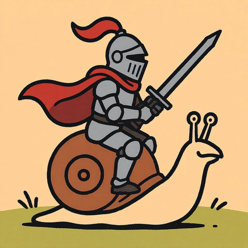 A knight rides a snail, bold lines, flat color.