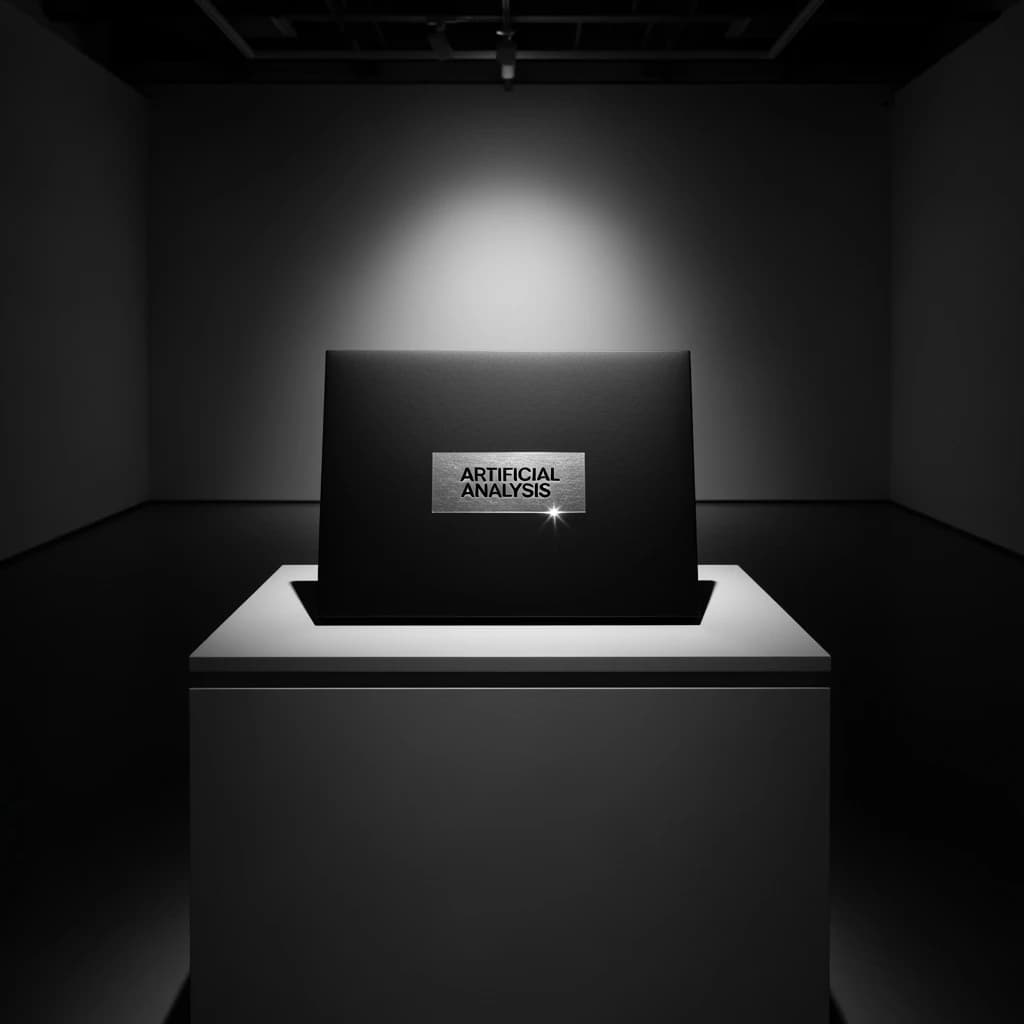 A premium matte black laptop-sized box rests on a pure white pedestal within a gallery space. Overhead, a single spotlight carves sharp contrast, leaving the edges in deep shadow. The brand name Artificial Analysis is embossed in silver foil, glinting faintly as though it were jewelry.