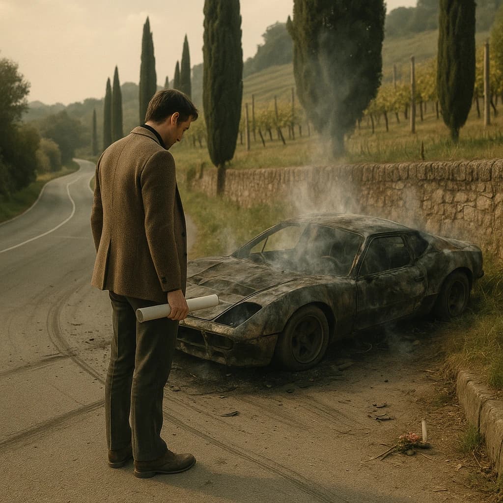 Mario examines the still smouldering wreck of the crash that took his best driver on the side of the country road. He designed this car and caused this. 3 days have passed since the crash. It's 1973 in Northern Italy.
