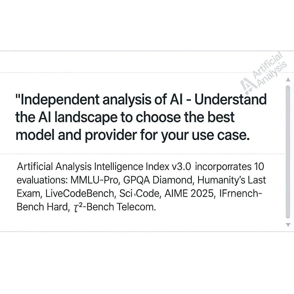 On a white dashboard with thin gray dividers, place a centered header in Helvetica Neue Bold, 20pt: “Independent analysis of AI - Understand the AI landscape to choose the best model and provider for your use case.” Directly beneath, a subheader in smaller Regular weight, 14pt: “Artificial Analysis Intelligence Index v3.0 incorporates 10 evaluations: MMLU-Pro, GPQA Diamond, Humanity's Last Exam, LiveCodeBench, SciCode, AIME 2025, IFBench, AA-LCR, Terminal-Bench Hard, 𝜏²-Bench Telecom.” The header is fully justified but the subheader is left-aligned. In the upper right corner, the Artificial Analysis logo appears watermarked, diagonal, faint gray, partially overlapping the scrollbar.