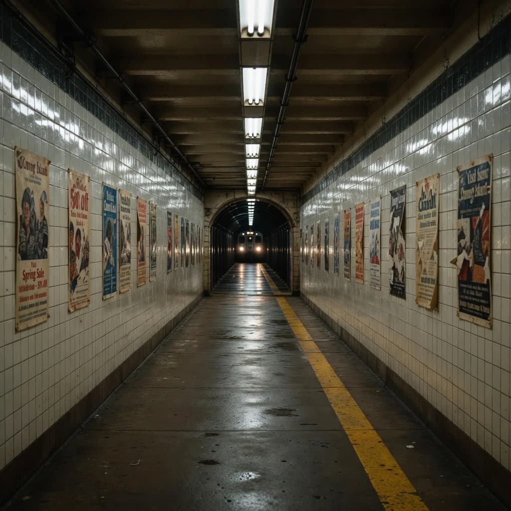 A subterranean subway platform with glossy tiles, peeling posters, flickering fluorescent lights, yellow safety line, and a distant train coming; slightly damp, echoes carry.