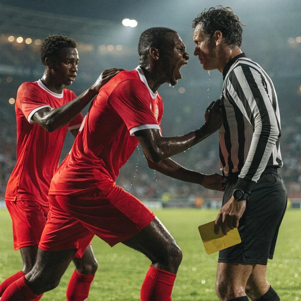 The soccer player clashes with the ref. It is thick and humid and the heat is getting to the players. His friend tries to pull him off before he causes any more trouble.