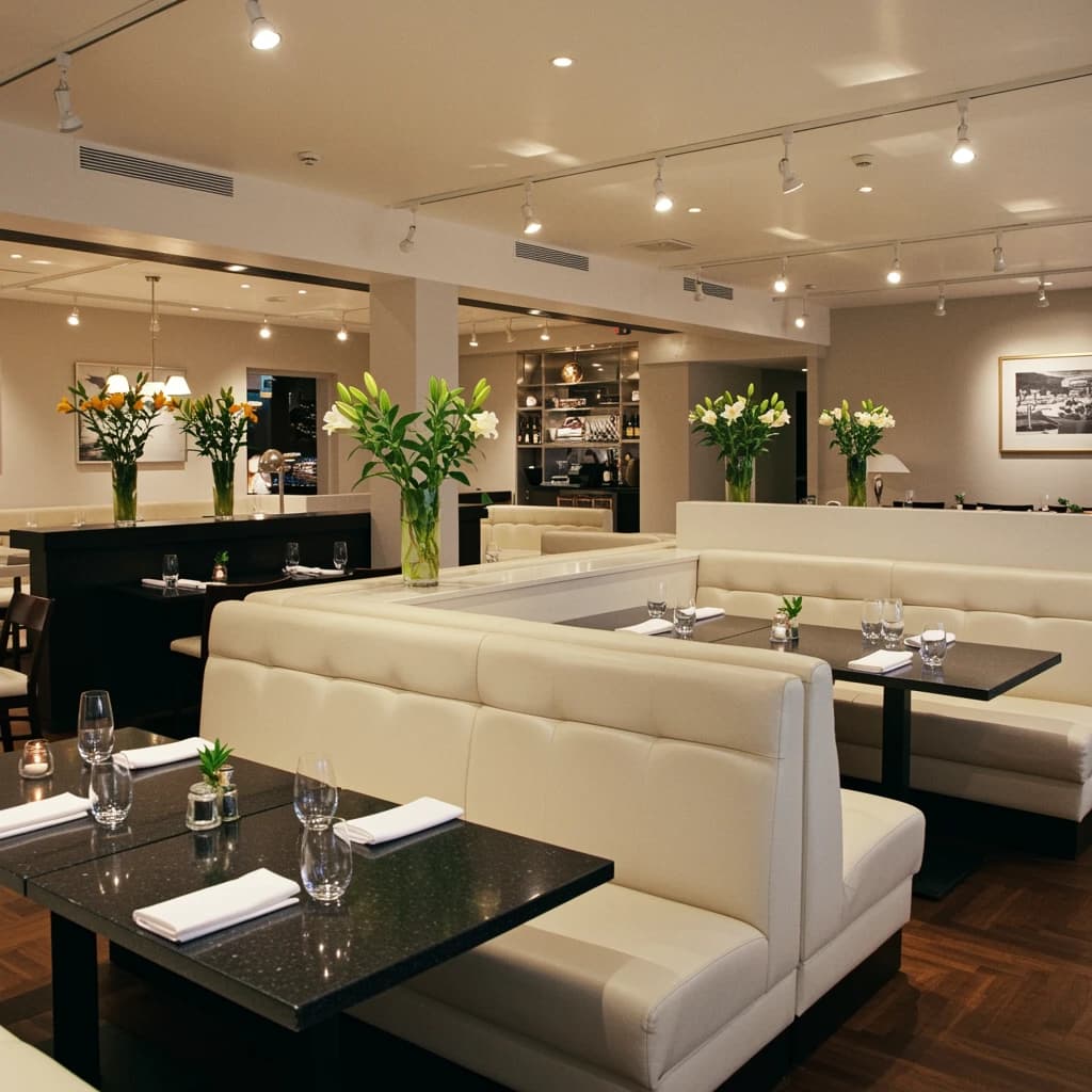 The place is almost empty. The banquettes are covered in white leather, the tables black granite, and the entire room is bathed in halogen track lighting that seems too bright. The maître d’ wears a double-breasted wool crepe jacket. There are lilies on every table.