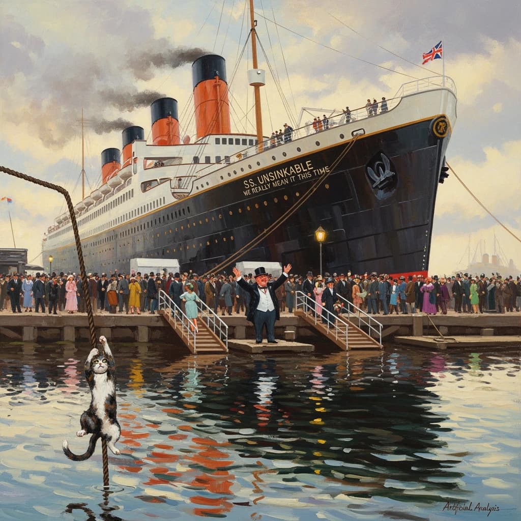 An impressionistic painting of the mighty steamer the "SS Unsinkable We Really Mean It This Time" on a cloudy but bright London morning about to set out on her maiden voyage. A jubilant crowd is gathered on the dock around the paunchy mayor who is making a speech, gesticulating wildly with his hands. The gangways are busy with well heeled ladies and gentlemen making their way onto the ship. A cheeky cat hangs over the water, clinging to the mooring rope after an ill-fated attempt to climb up. The artist has signed his name "Artificial Analysis" in the bottom corner