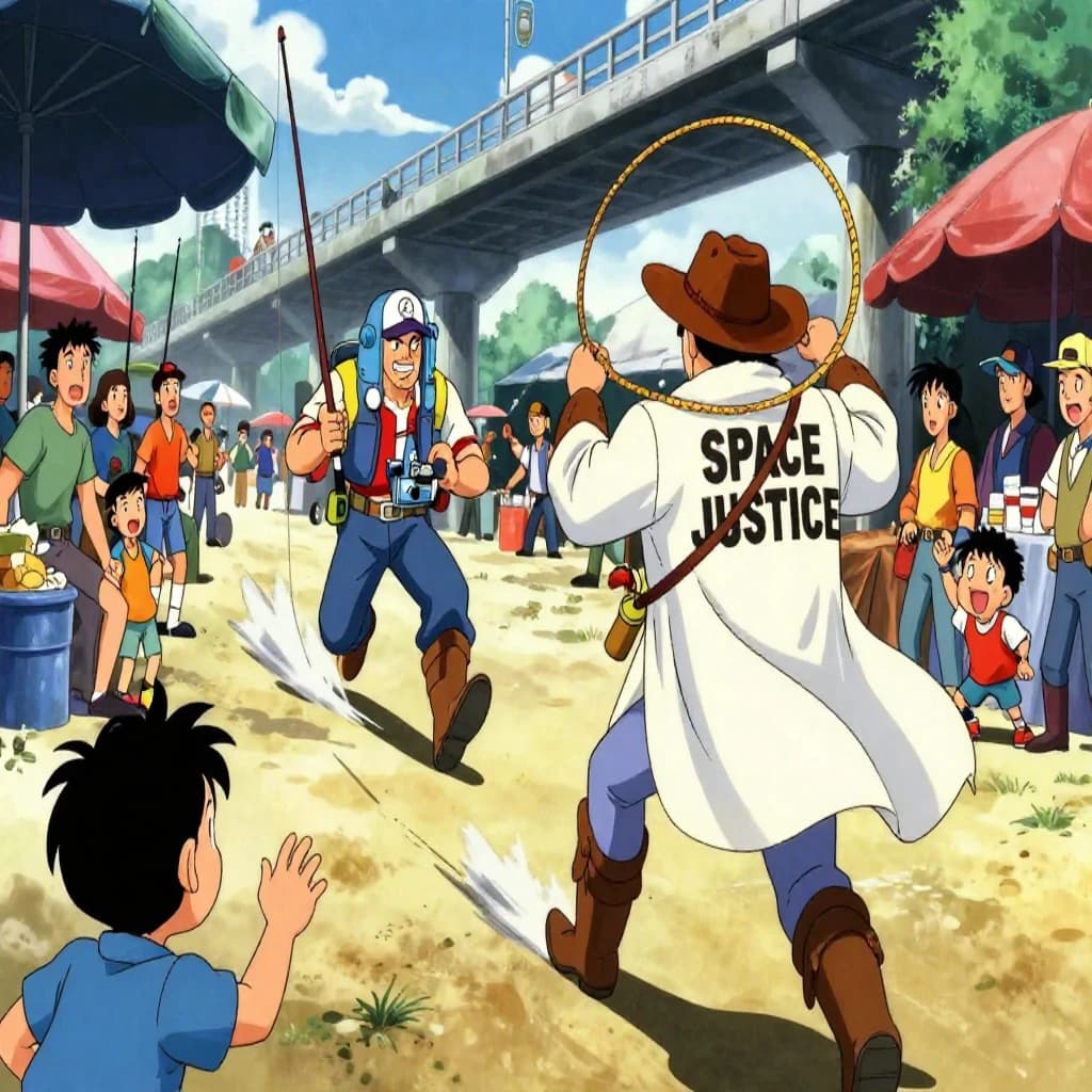 The space cowboy chases the deranged fisherman underneath the causeway, eager to collect on his bounty. Fishing rods and lines hang off the back off the fishermen as he darts between the bustling market crowd. We see the back of the space cowboy in his space poncho emblazoned with the words SPACE JUSTICE, spinning his lasso over his head. A child on the sidelines excitedly cheers the cowboy. 1990s hand drawn anime style with strong fluidity