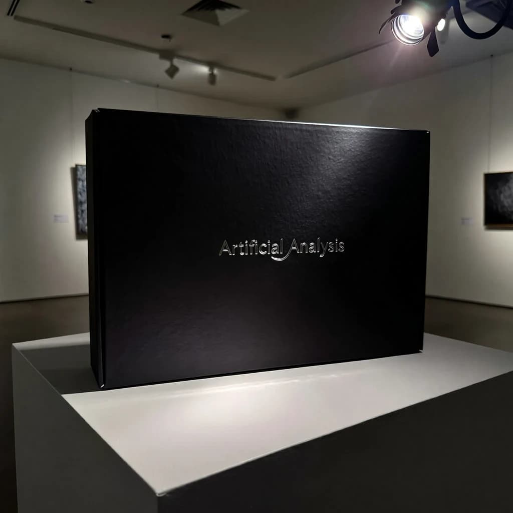 A premium matte black laptop-sized box rests on a pure white pedestal within a gallery space. Overhead, a single spotlight carves sharp contrast, leaving the edges in deep shadow. The brand name Artificial Analysis is embossed in silver foil, glinting faintly as though it were jewelry.