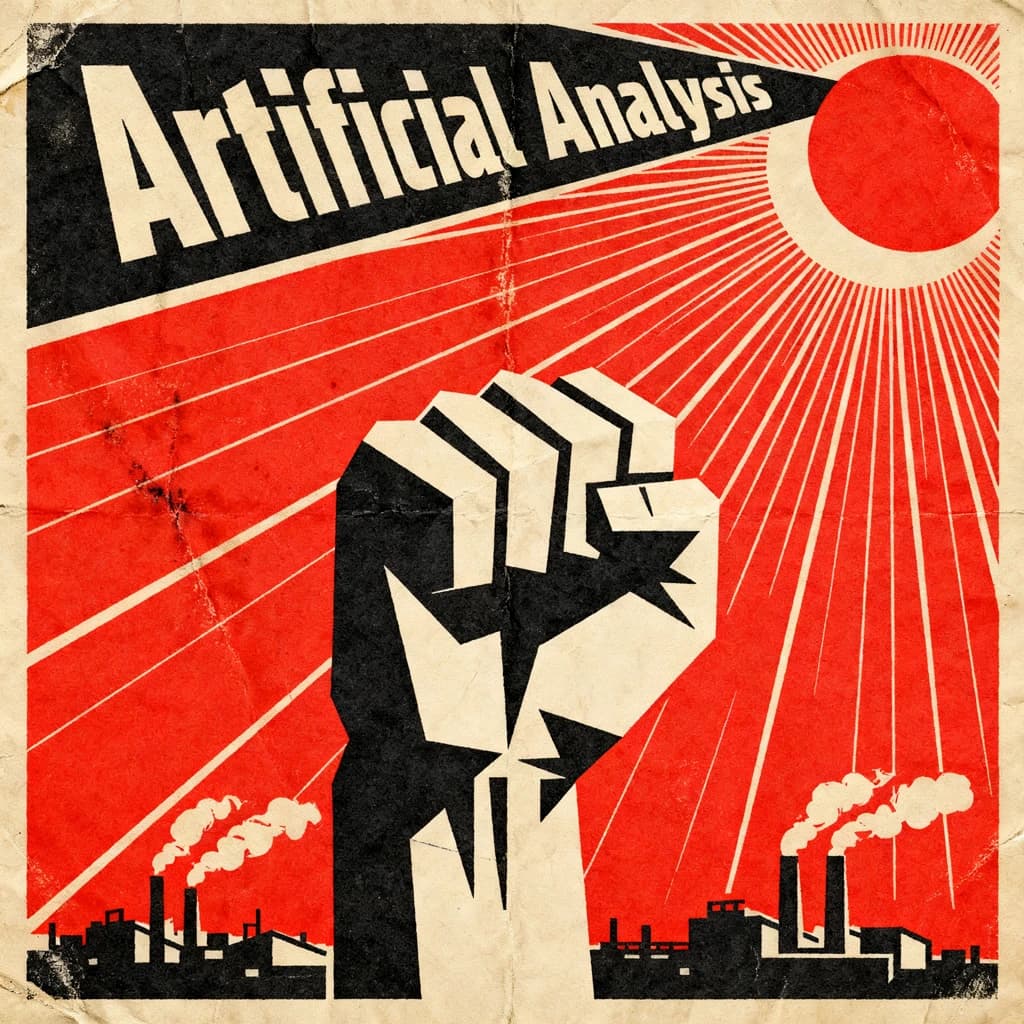 A propaganda poster in stark red, black, and beige. A clenched fist rises in the foreground, rendered with sharp geometric blocks. Behind it, radiating lines stretch upward toward a stylized sun. At the top, bold sans-serif lettering in Cyrillic-inspired type spells out Artificial Analysis, tilted at an angle for emphasis. A factory skyline silhouettes the bottom edge, smoke stacks rising into the background. The texture is rough, printed on aged paper with visible creases and ink bleed. Designed in the constructivist Soviet poster style.