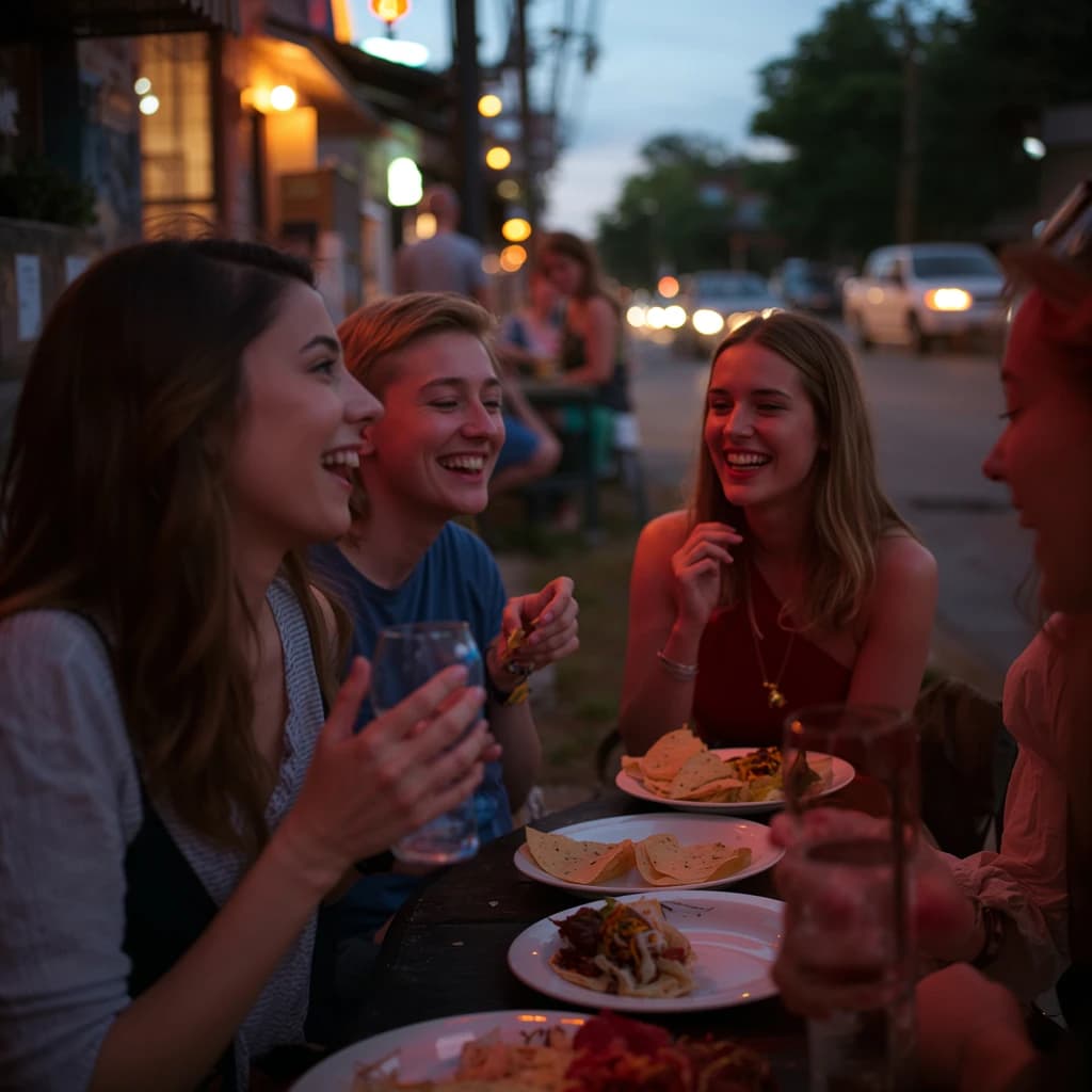 Friends laugh over street tacos at dusk, candid, shallow depth.