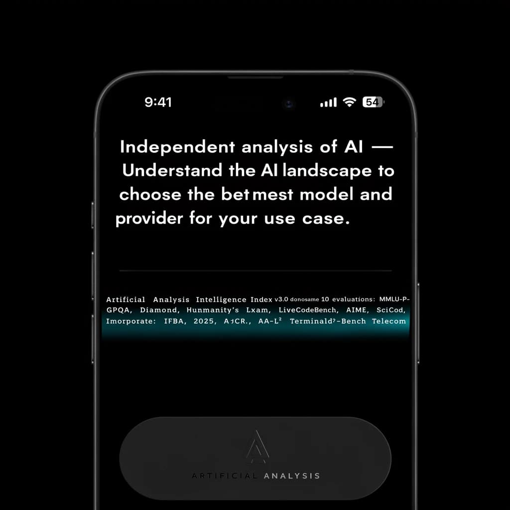 On a black smartphone UI with rounded corners, display a centered text block in white San Francisco font, 16pt: “Independent analysis of AI - Understand the AI landscape to choose the best model and provider for your use case.” Below, in neon cyan, monospace font, smaller size: “Artificial Analysis Intelligence Index v3.0 incorporates 10 evaluations: MMLU-Pro, GPQA Diamond, Humanity's Last Exam, LiveCodeBench, SciCode, AIME 2025, IFBench, AA-LCR, Terminal-Bench Hard, 𝜏²-Bench Telecom.” The second block scrolls horizontally as a ticker. The battery icon in the status bar shows 54%. The Artificial Analysis logo appears faintly, embossed into the bottom navigation bar.