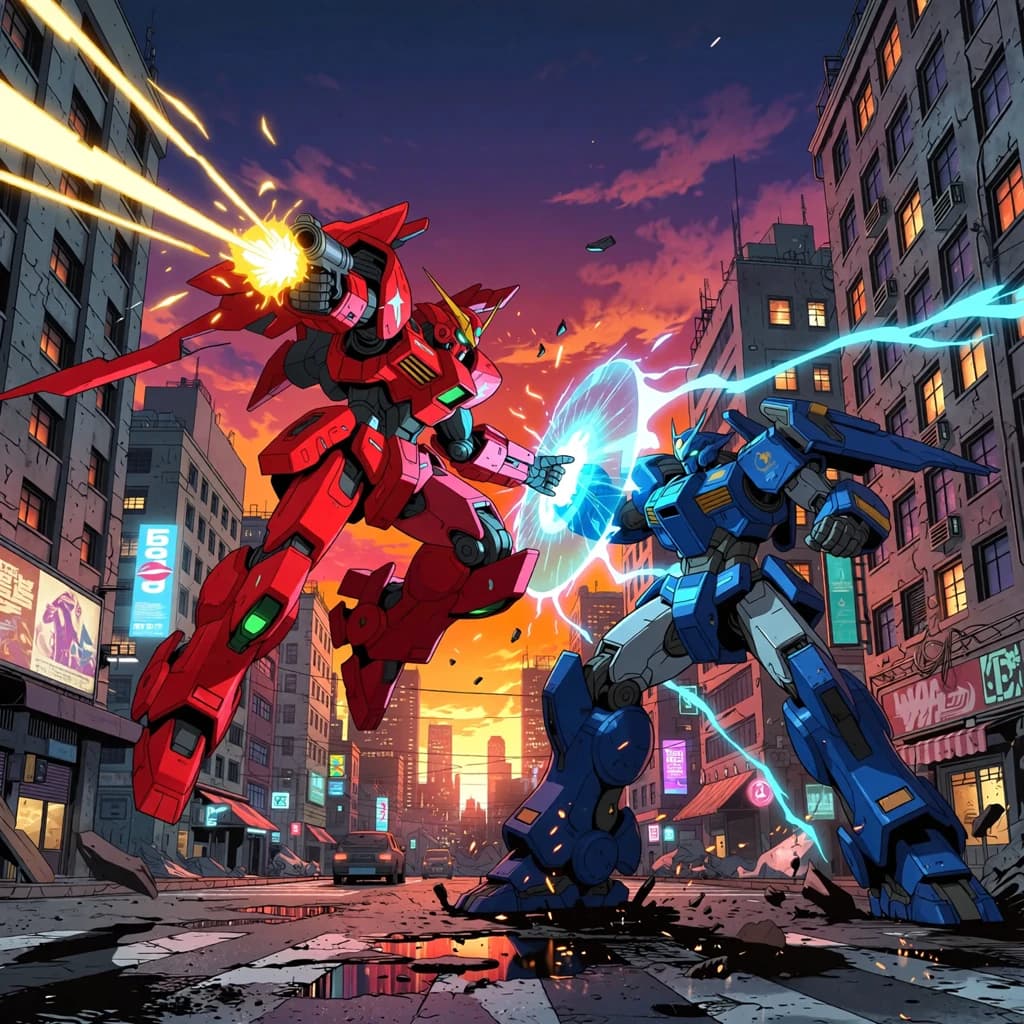 Make a cel-shaded mecha duel at dusk downtown.