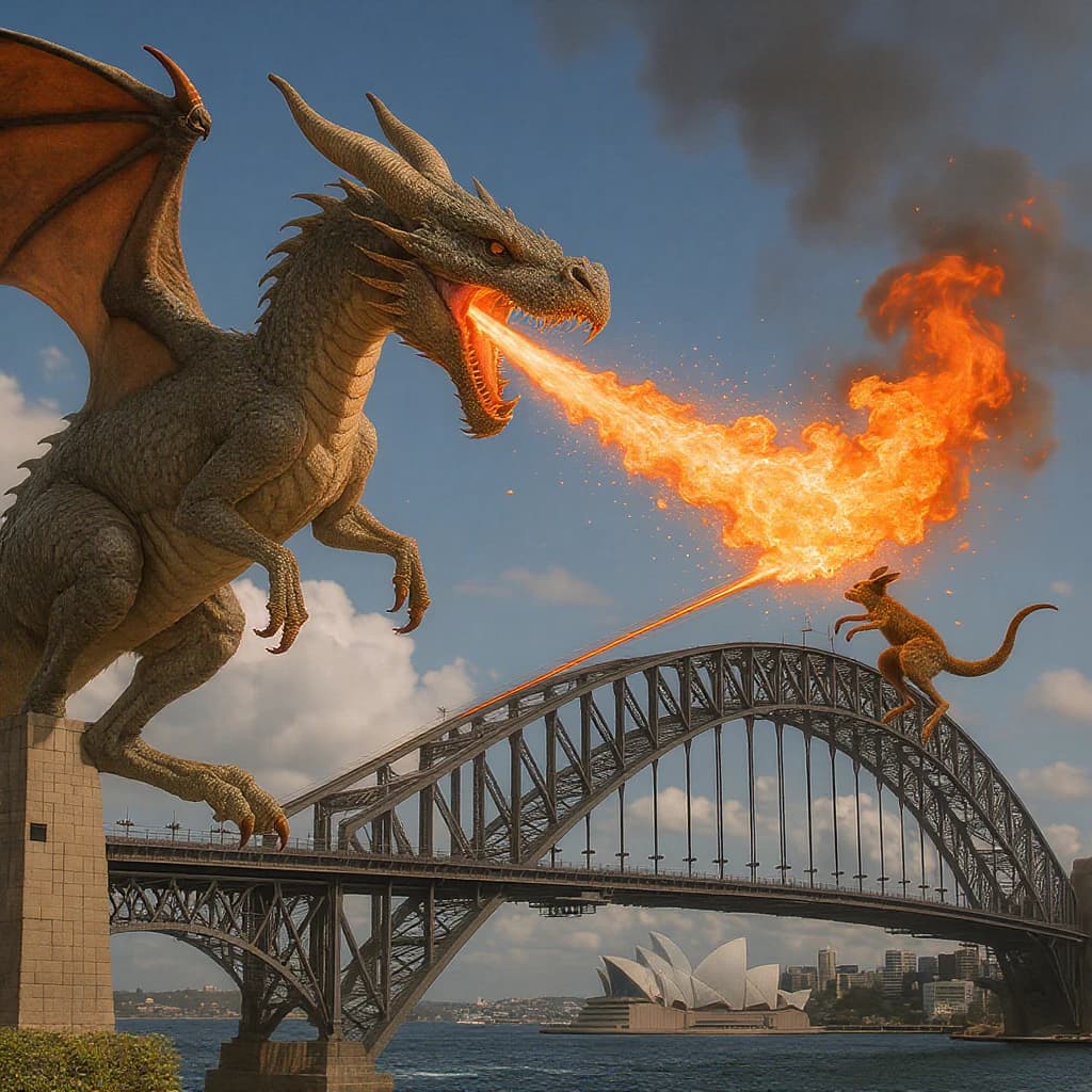 A dragon breathes fire at a kangaroo that is running away by climbing over the top of the Sydney Harbour Bridge. Opera House visible in the background.