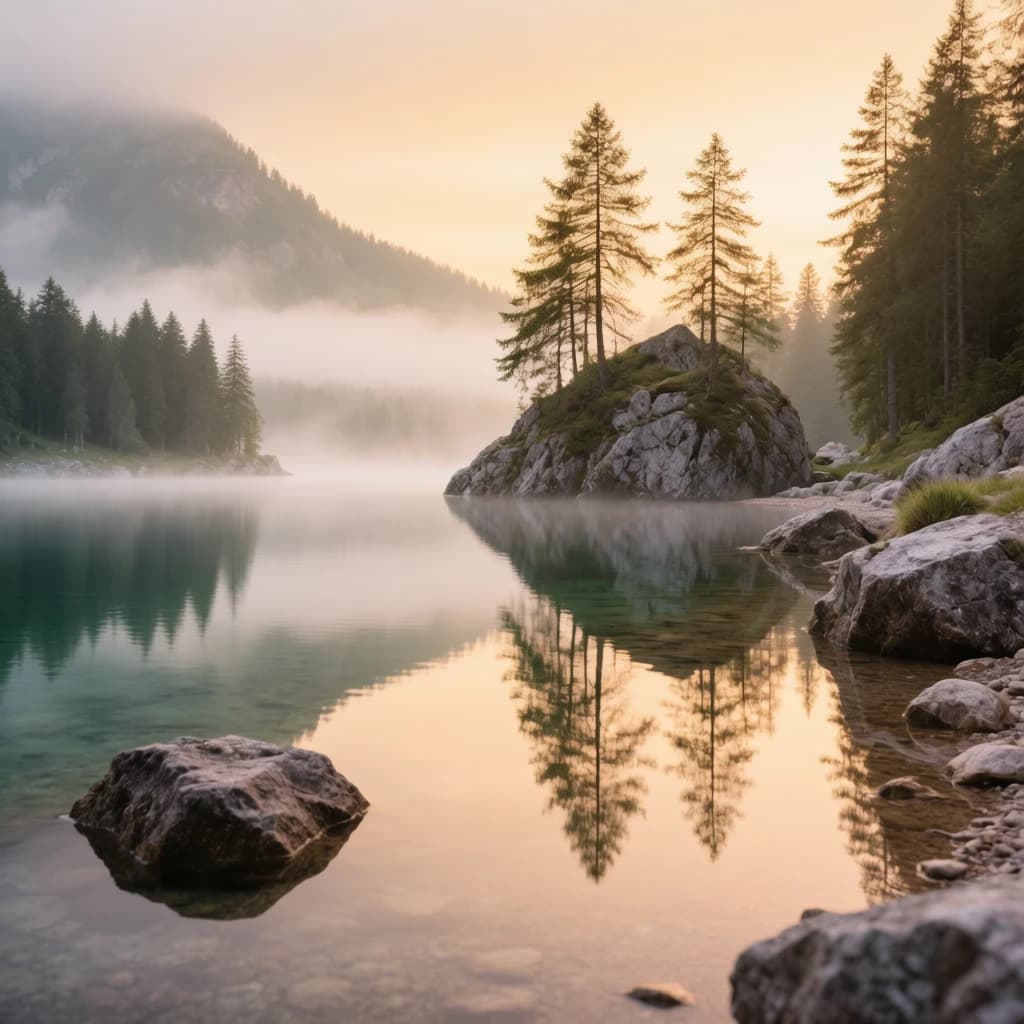 I want a photo of a misty alpine lake at dawn, pines, glassy water, warm light.