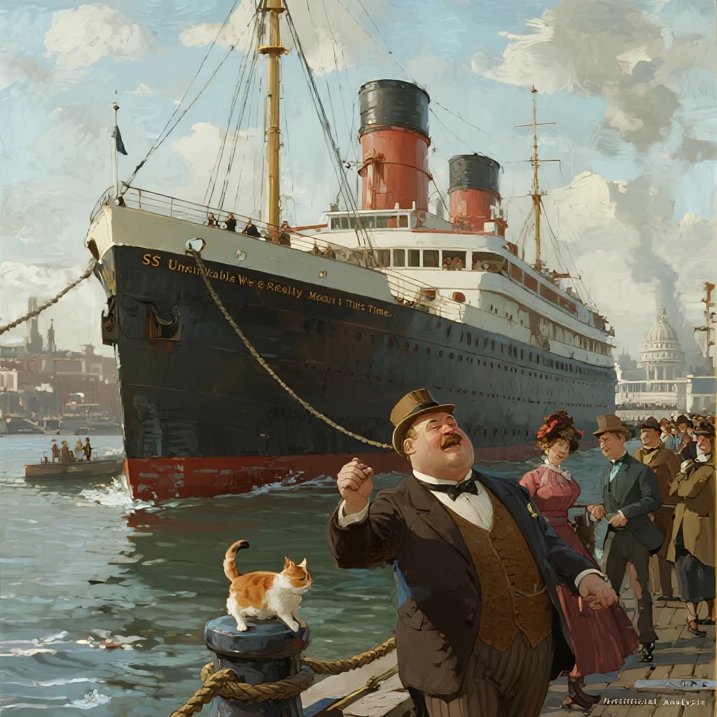 An impressionistic painting of the mighty steamer the "SS Unsinkable We Really Mean It This Time" on a cloudy but bright London morning about to set out on her maiden voyage. A jubilant crowd is gathered on the dock around the paunchy mayor who is making a speech, gesticulating wildly with his hands. The gangways are busy with well heeled ladies and gentlemen making their way onto the ship. A cheeky cat hangs over the water, clinging to the mooring rope after an ill-fated attempt to climb up. The artist has signed his name "Artificial Analysis" in the bottom corner