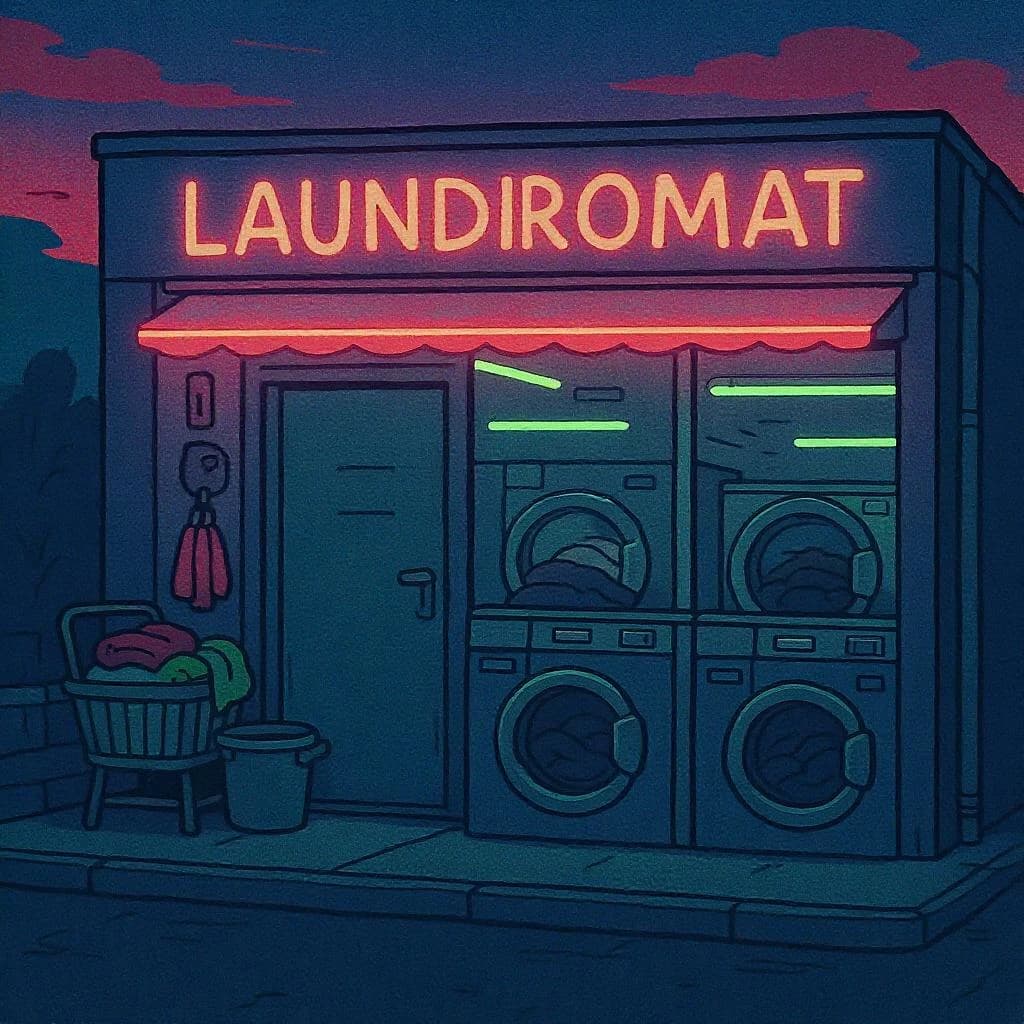 A cozy laundromat at dusk, neon humming, flat colors, bold inked lines.