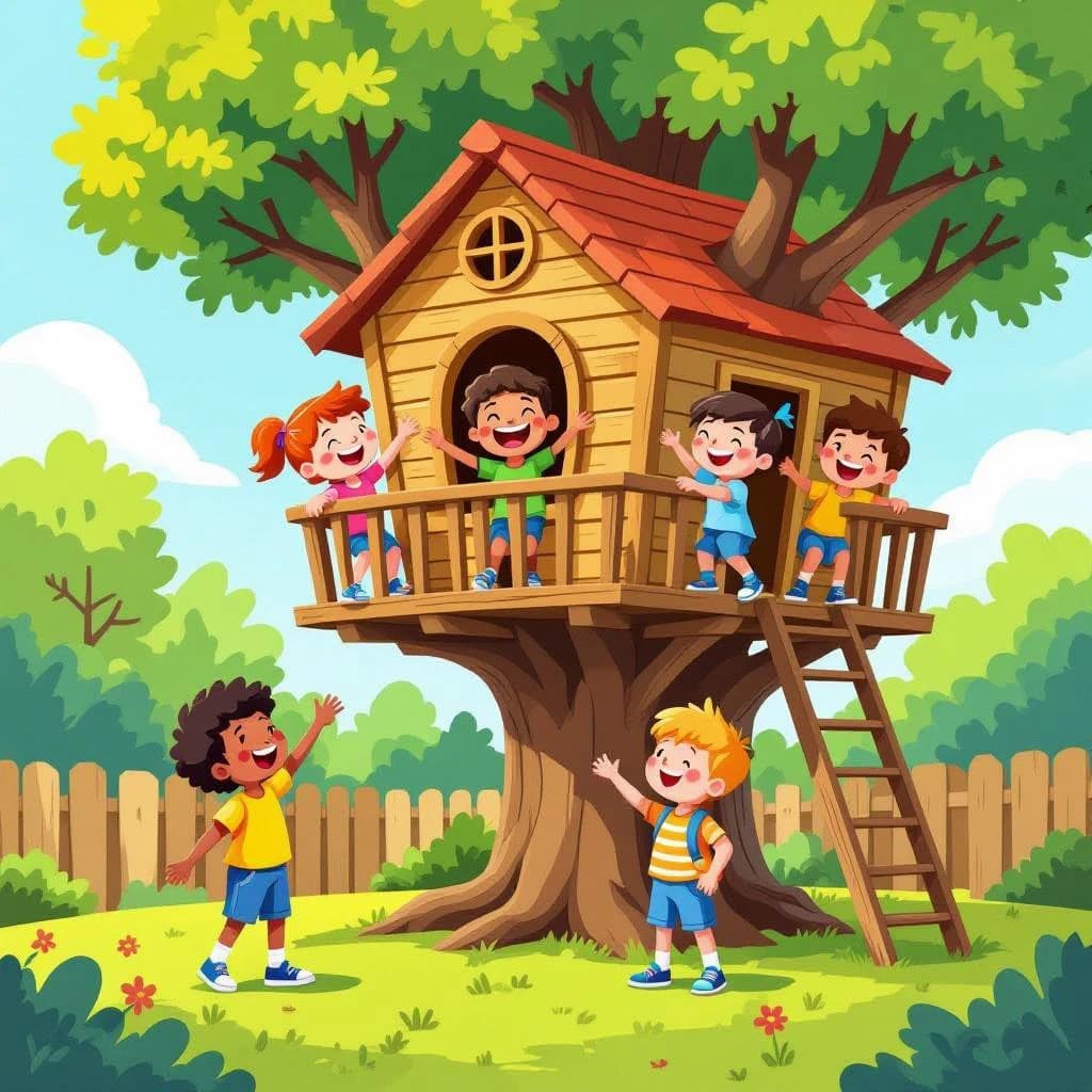 Kids build a backyard treehouse and laugh, bright flat colors, chunky outlines.