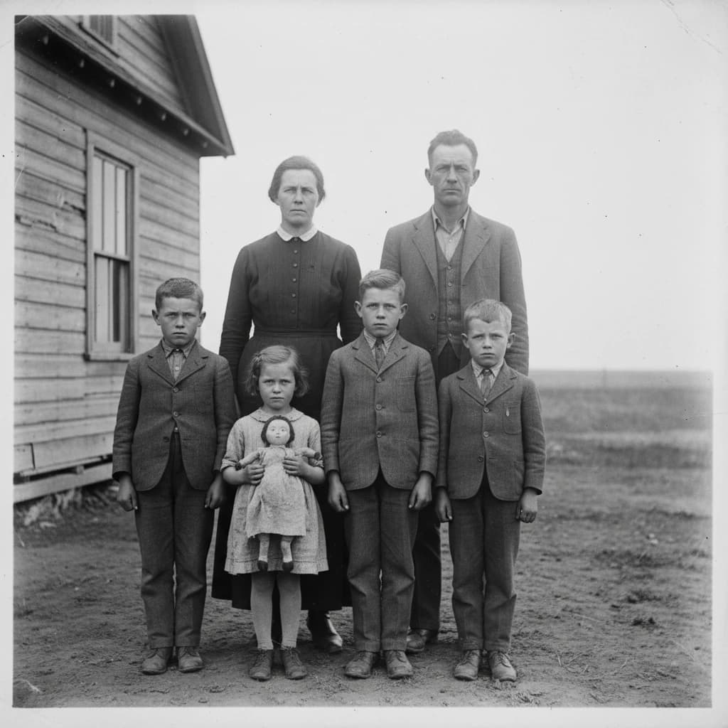 Everybody holds still and nobody smiles for the family portrait. It's 1928 in Kansas