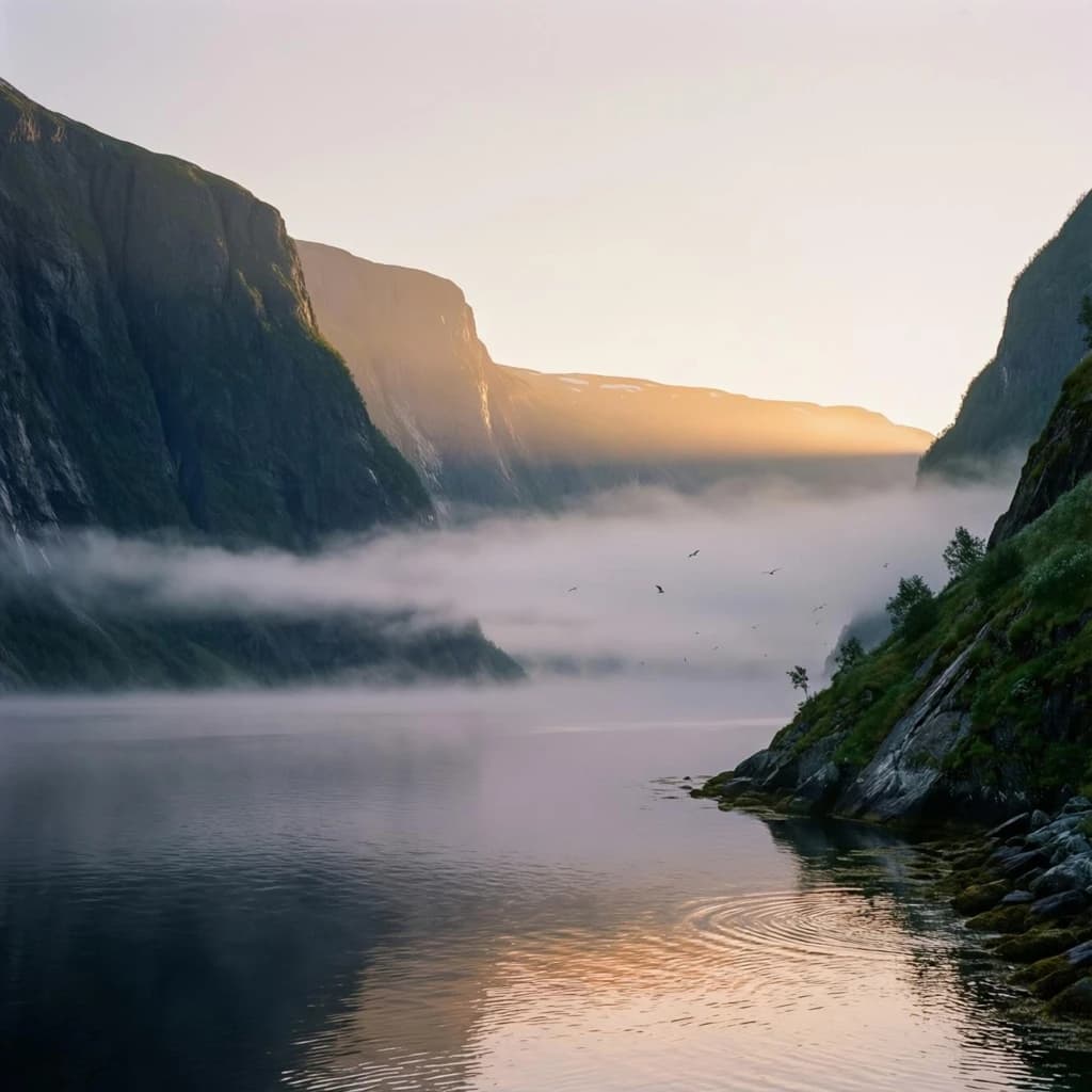 Frame a foggy fjord at sunrise, cliffs looming.