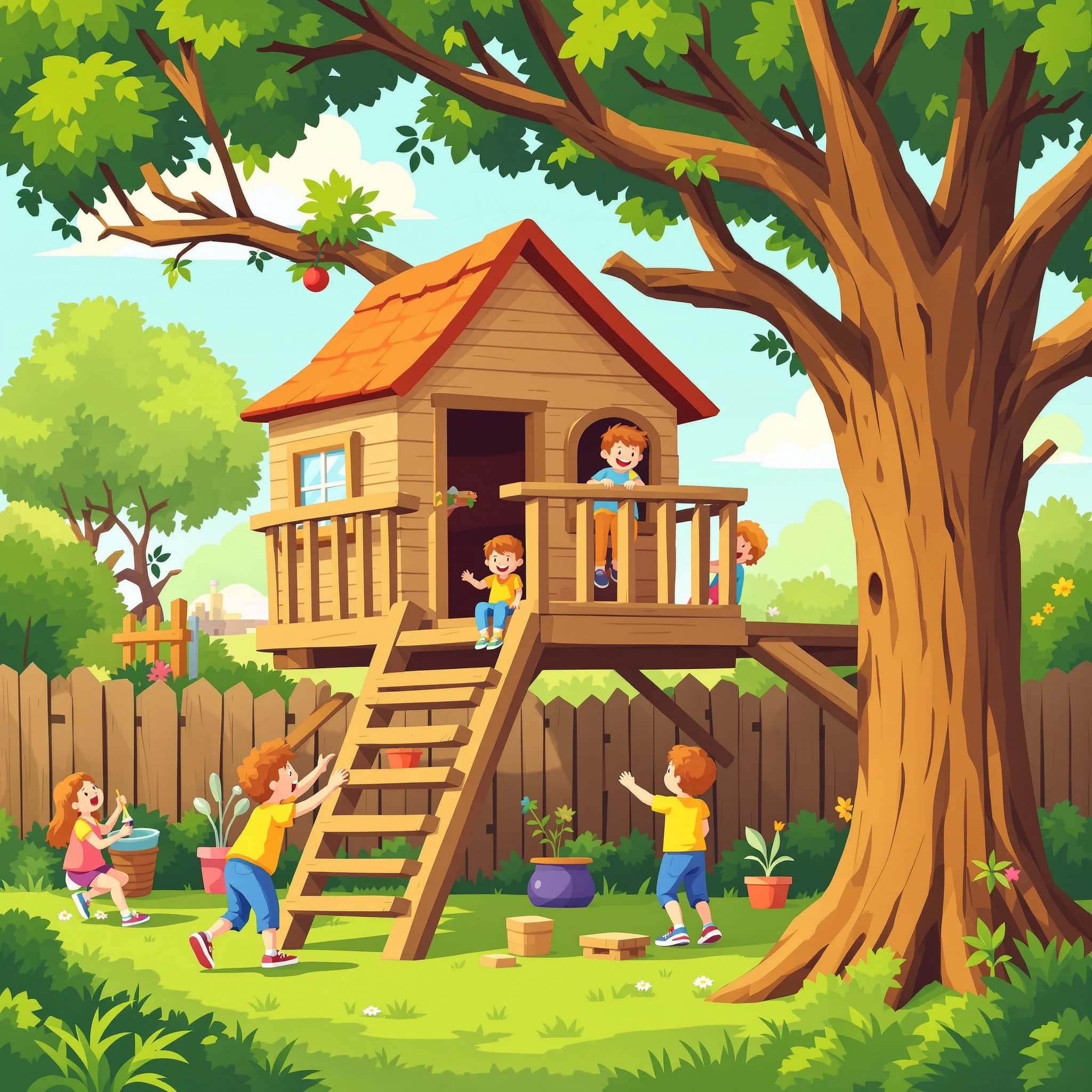 Kids build a backyard treehouse and laugh, bright flat colors, chunky outlines.