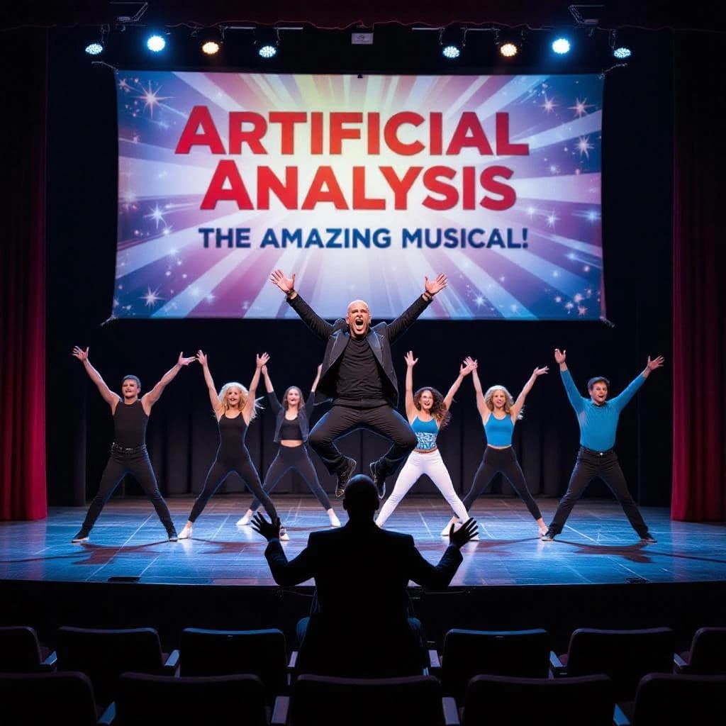 The musical troupe do a rehearsal in a large, empty theatre. 9 people are on the stage, half wear black and the others wear blue. The skinny bald director, seated in the second row, is practically leaping out of their seat with excitement as the leads nail their aerial. A giant banner reading "Artificial Analysis: The Amazing Musical!" is behind the actors.
