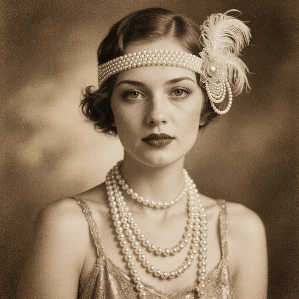 Sepia-toned studio portrait of a flapper with pearl necklace, soft grain.