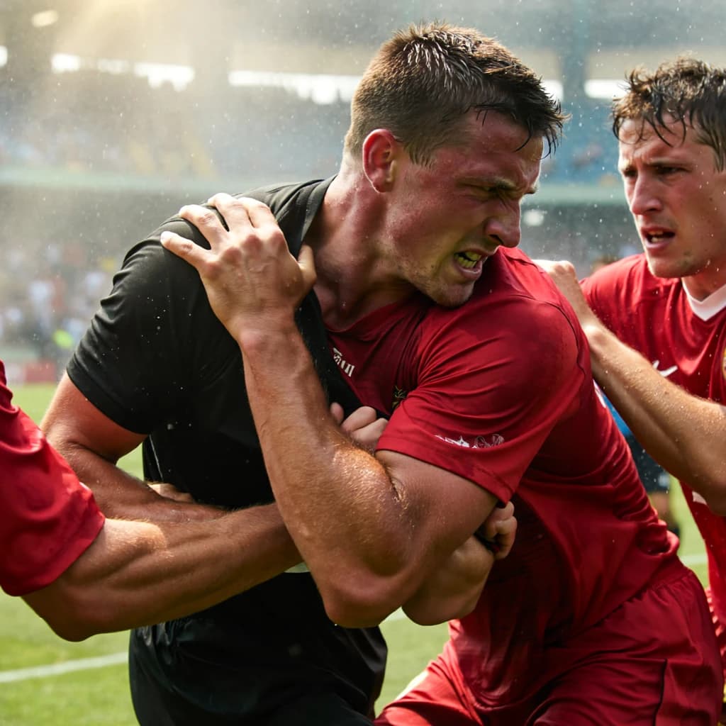 The soccer player clashes with the ref. It is thick and humid and the heat is getting to the players. His friend tries to pull him off before he causes any more trouble.