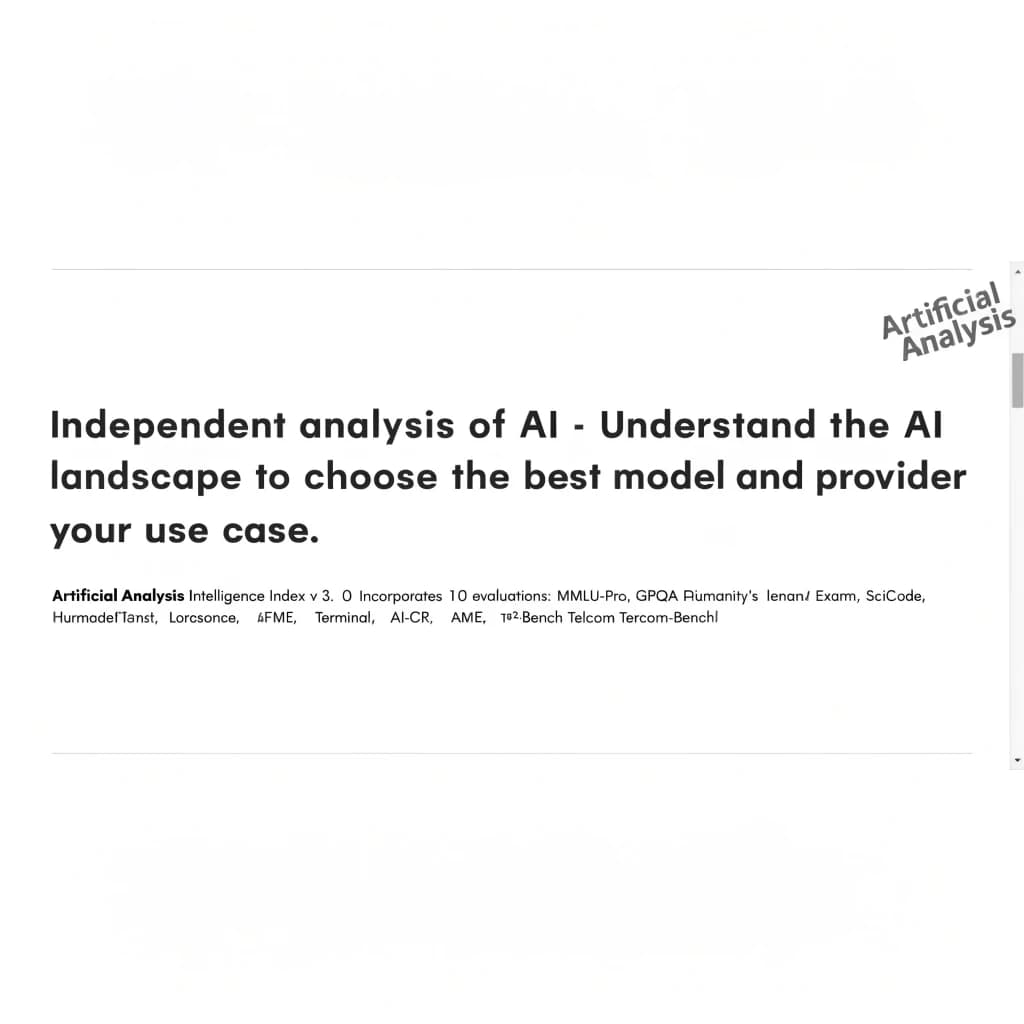 On a white dashboard with thin gray dividers, place a centered header in Helvetica Neue Bold, 20pt: “Independent analysis of AI - Understand the AI landscape to choose the best model and provider for your use case.” Directly beneath, a subheader in smaller Regular weight, 14pt: “Artificial Analysis Intelligence Index v3.0 incorporates 10 evaluations: MMLU-Pro, GPQA Diamond, Humanity's Last Exam, LiveCodeBench, SciCode, AIME 2025, IFBench, AA-LCR, Terminal-Bench Hard, 𝜏²-Bench Telecom.” The header is fully justified but the subheader is left-aligned. In the upper right corner, the Artificial Analysis logo appears watermarked, diagonal, faint gray, partially overlapping the scrollbar.