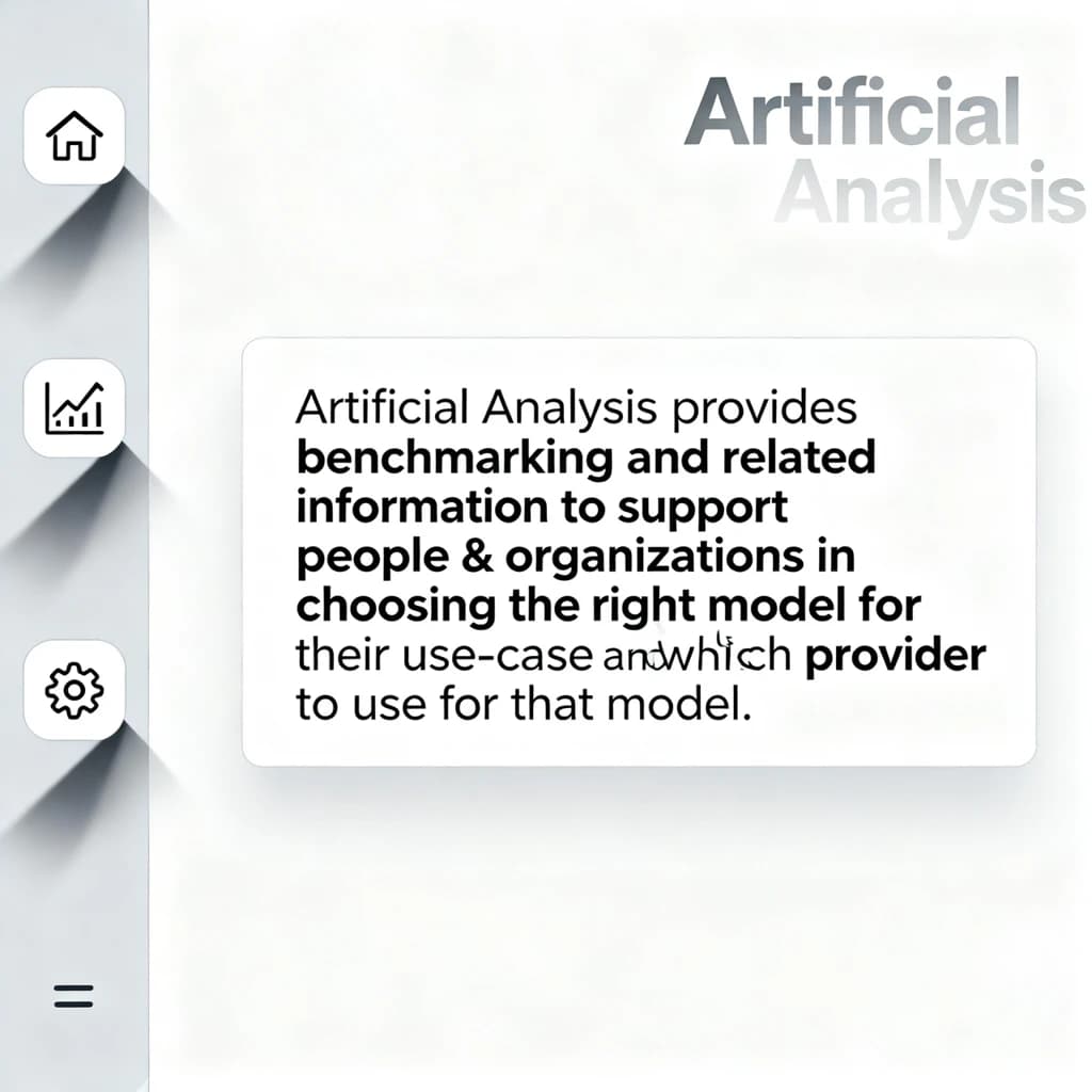 On a high-resolution dashboard mockup with a clean white background, display a centered text module in Helvetica Neue Regular, 18pt, black: “Artificial Analysis provides benchmarking and related information to support people & organizations in choosing the right model for their use-case and which provider to use for that model.” The text box is justified, but the final word wraps awkwardly onto its own line. To the left, a vertical navigation bar in light gray with three icons - home, chart, and settings - aligned evenly but casting misaligned shadows. In the upper right, the Artificial Analysis logo appears faintly, semi-transparent, watermarked over the corner of the interface.