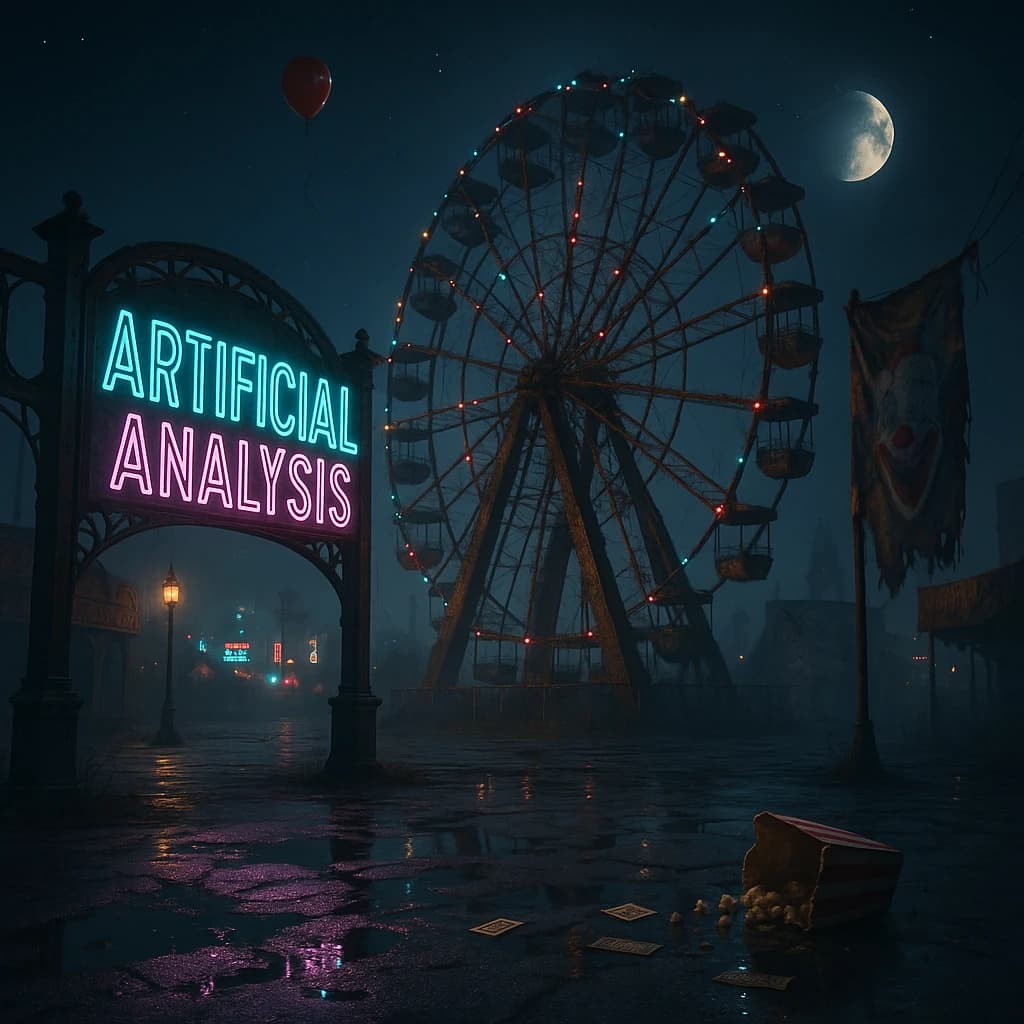A deserted amusement park glows faintly under a half-moon. The ferris wheel is rusting yet strung with fresh, blinking LED lights. A torn clown banner flaps in a windless air. A lone balloon floats upward, tethered to nothing, while in the far distance city lights flicker on - some neon, some gas lamps as though from another century. 'Artificial Analysis' glows in neon