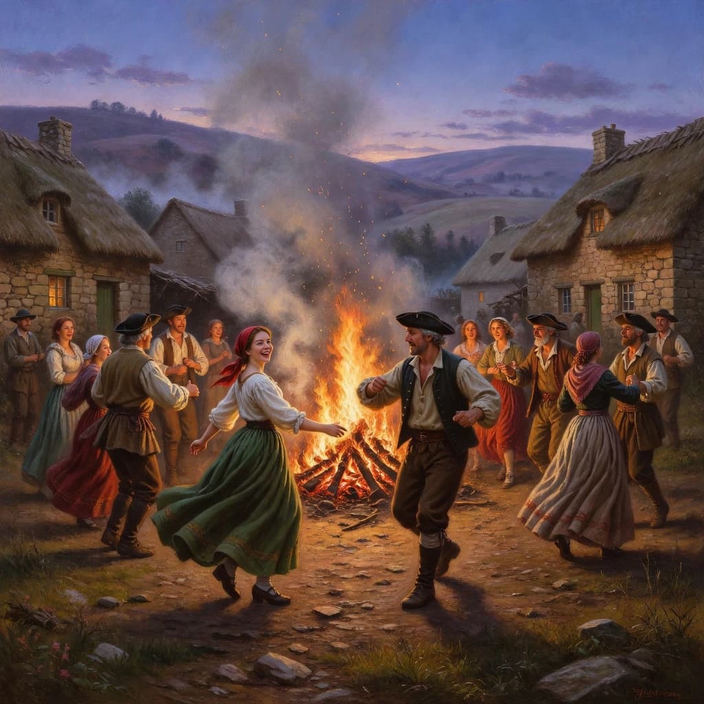 Make an oil painting of villagers dancing by a bonfire at dusk, a bit smoky.