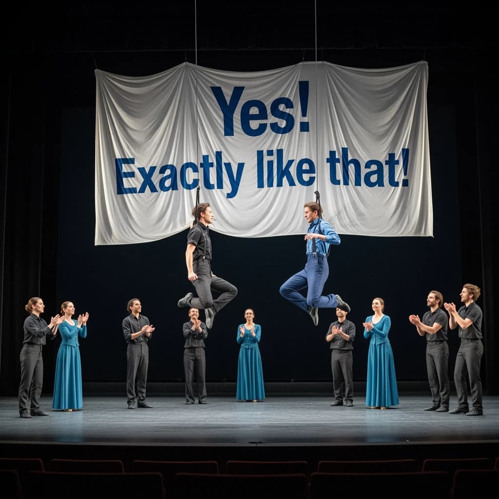 The musical troupe do a rehearsal in a large, empty theatre. 9 people are on the stage, half wear black and the others wear blue. The skinny bald director, seated in the second row, is practically leaping out of their seat with excitement as the leads nail their aerial. A giant banner reading "Artificial Analysis: The Amazing Musical!" is behind the actors.