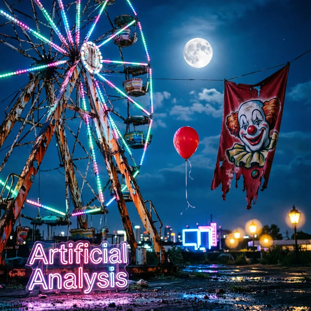 A deserted amusement park glows faintly under a half-moon. The ferris wheel is rusting yet strung with fresh, blinking LED lights. A torn clown banner flaps in a windless air. A lone balloon floats upward, tethered to nothing, while in the far distance city lights flicker on - some neon, some gas lamps as though from another century. 'Artificial Analysis' glows in neon