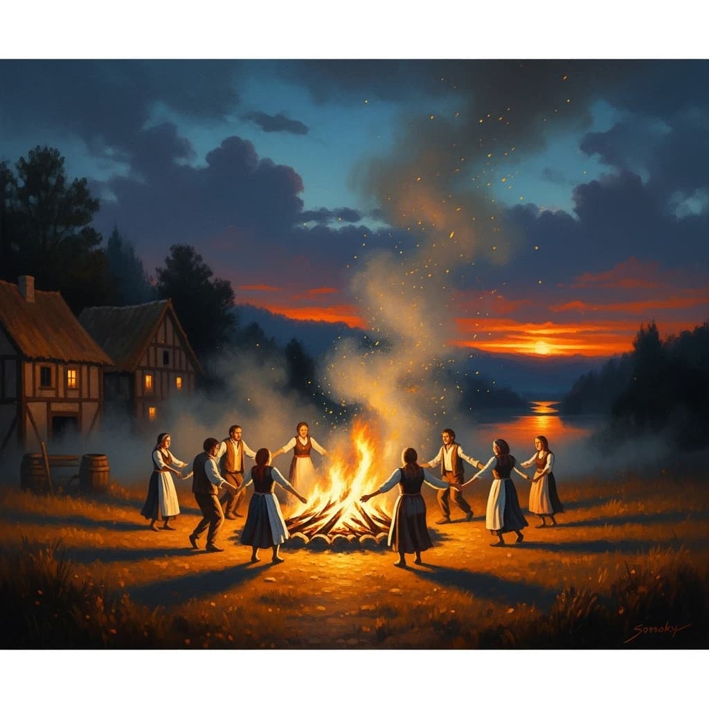 Make an oil painting of villagers dancing by a bonfire at dusk, a bit smoky.