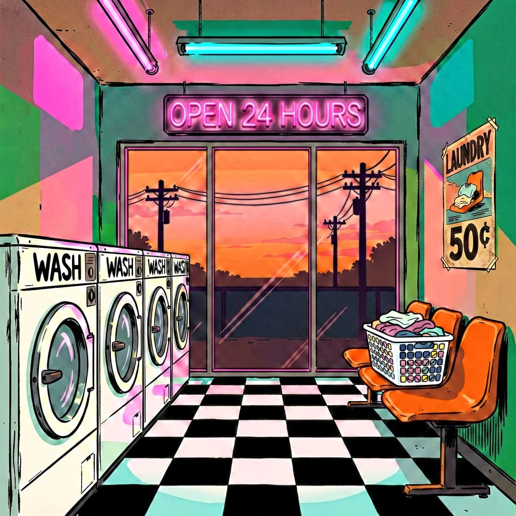 A cozy laundromat at dusk, neon humming, flat colors, bold inked lines.