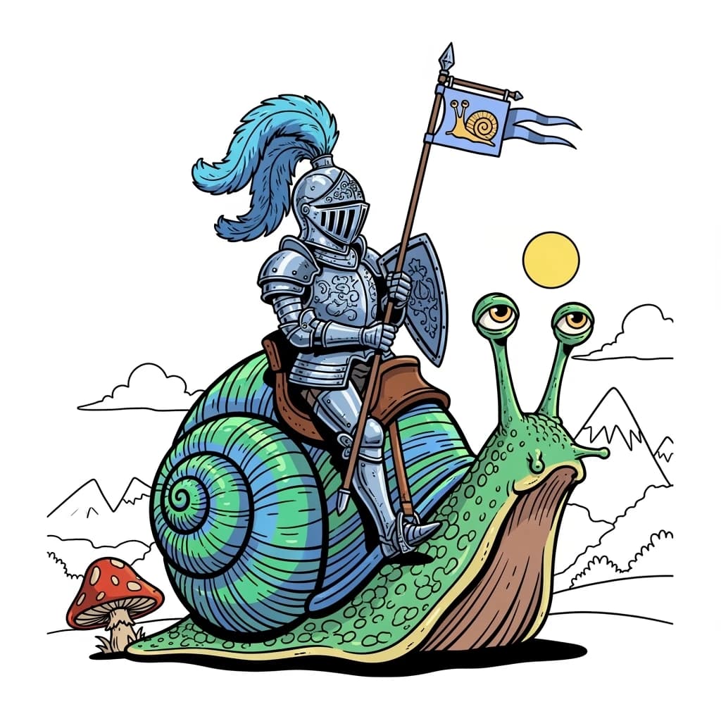 A knight rides a snail, bold lines, flat color.