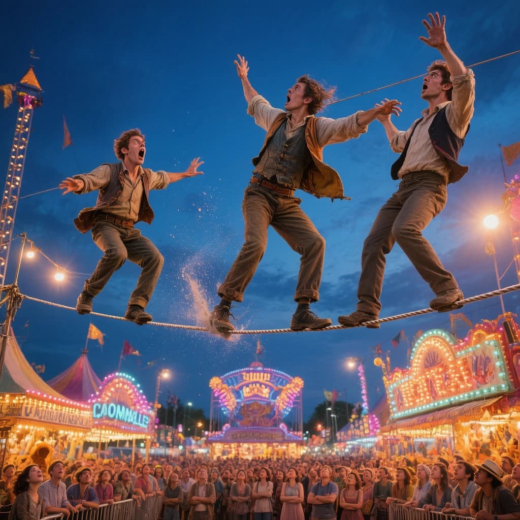 At dusk, high above a carnival crowd, three tightrope walkers balance on a single rope with no aids, one is off balance and grabbing at air. Below, the audience looks upward with baited anticipation. Artificial Analysis is spelled out in the background in carnival lights