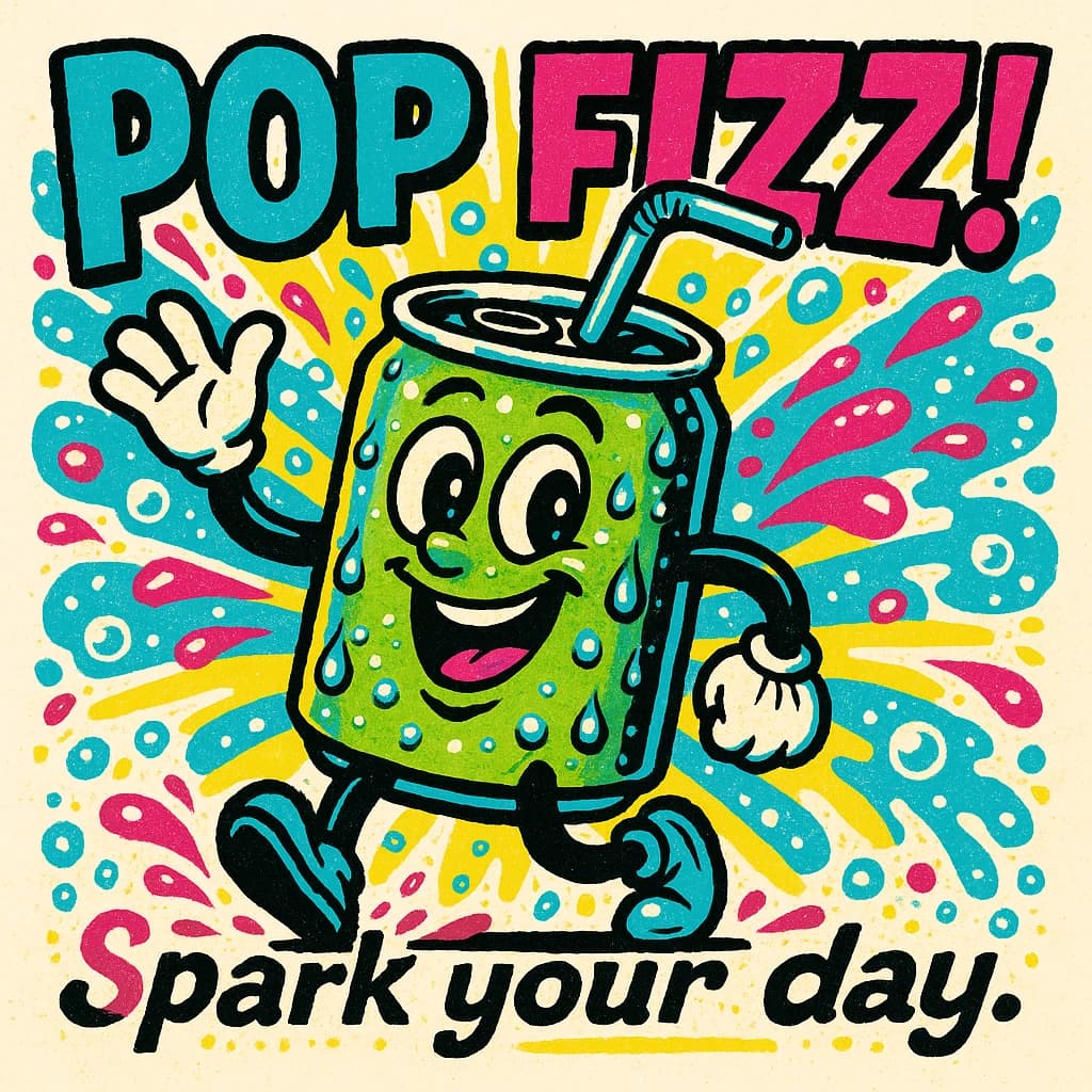 Design a bright soda billboard ad with a bubbly can mascot, thick inky lines.
