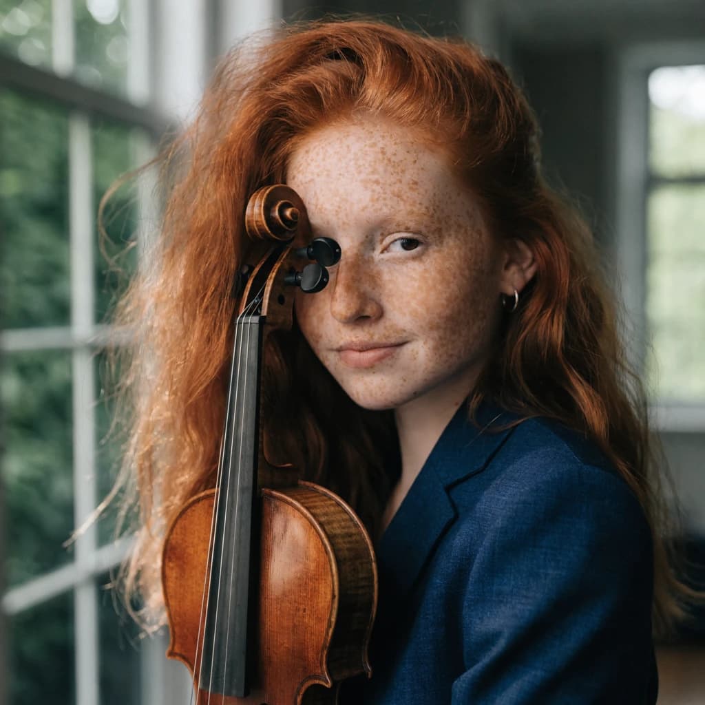 Capture a head-and-shoulders portrait of a freckled red-haired violinist in a navy blazer, soft window light, 85mm at f/1.8, gently smiling yet serious eyes, muted tones.
