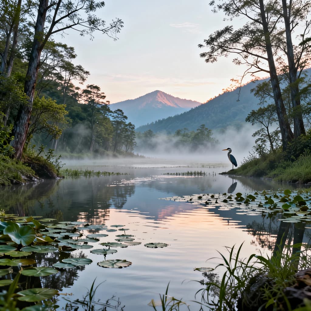 With pre-dawn mist along a cedar forest river and glassy water dotted with lily pads, distant mountains blush pink, and a heron stands still like it forgot what to do next.