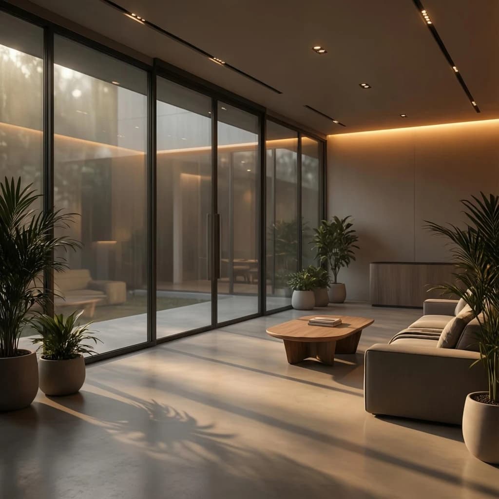 Isometric 3D lobby, glass walls, warm lights, slightly moody, soft shadows.