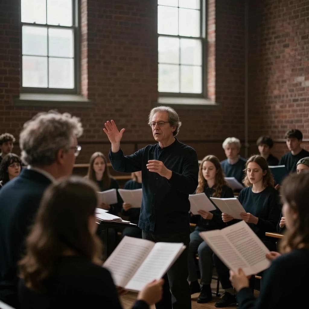 A choir rehearses in a brick hall as somewhat dramatic morning light falls through high windows, with a patient conductor mid-gesture, open scores, intent faces, slight motion blur.