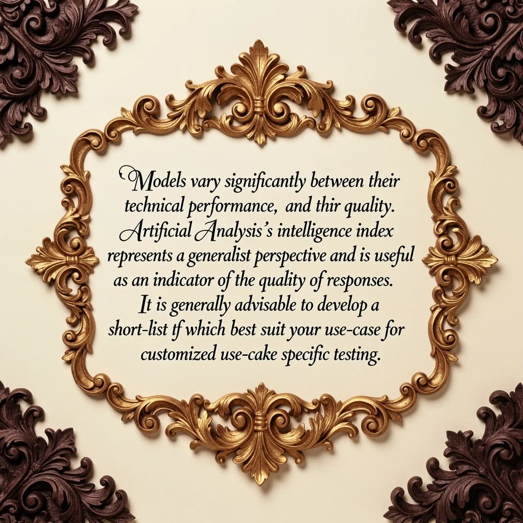 On a flat layout, write in an ornate baroque style "Models vary significantly between their technical performance, features and their quality. Artificial Analysis's intelligence index represents a generalist perspective and is useful as an indicator of the quality of responses. It is generally advisable to develop a short-list of models which best suit your use-case for customized use-case specific testing. "